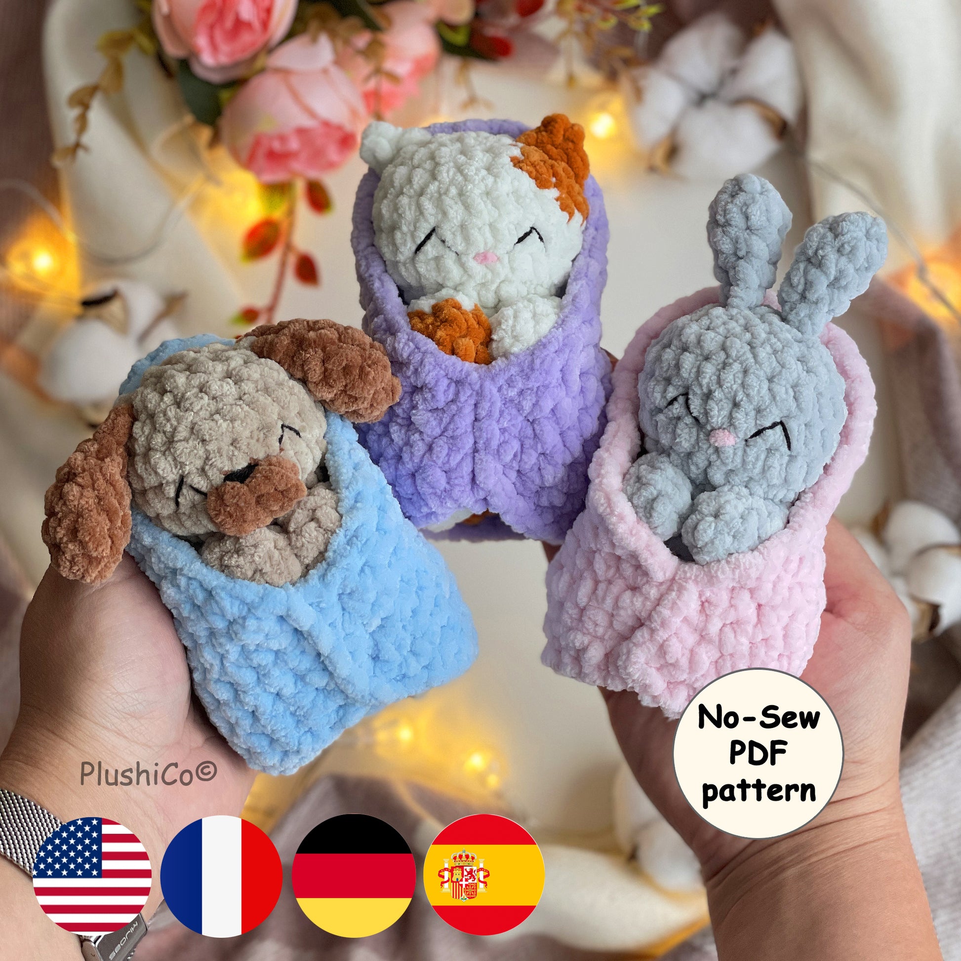 Amigurumi CROCHET PATTERN Set: No Sew Sleeping Cat, Bunny, Dog Mini Snuggler, Hatching  Plushies