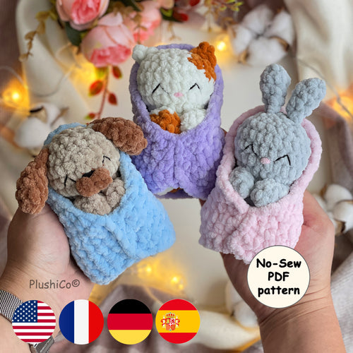Amigurumi CROCHET PATTERN Set: No Sew Sleeping Cat, Bunny, Dog Mini Snuggler, Hatching  Plushies