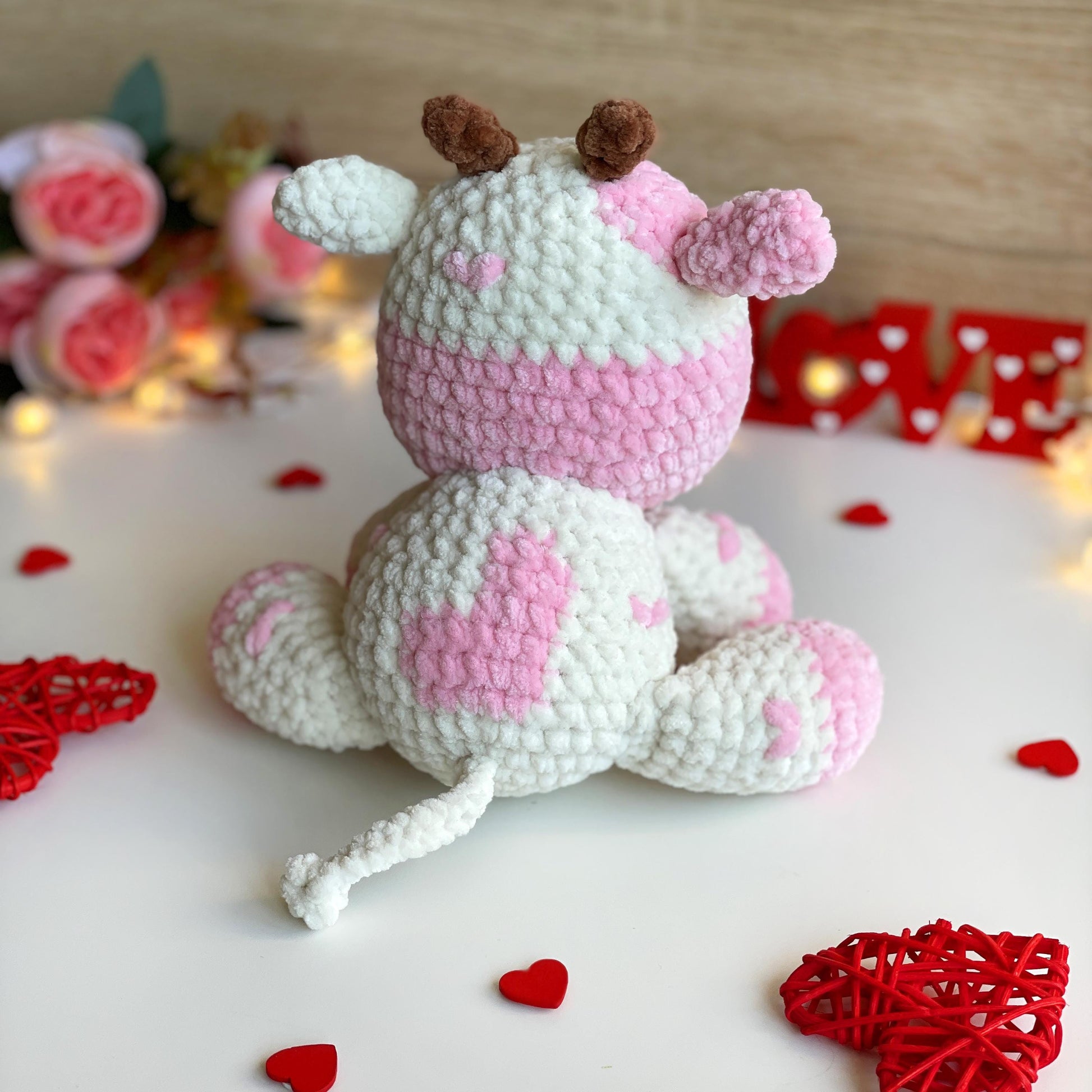 Cow CROCHET PATTERN, Strawberry Amigurumi plushie, Cute Stuffed farm Animal, Plush Pink Fluffy Moo Toy, Blanket Yarn PDF, Valentines day Cow