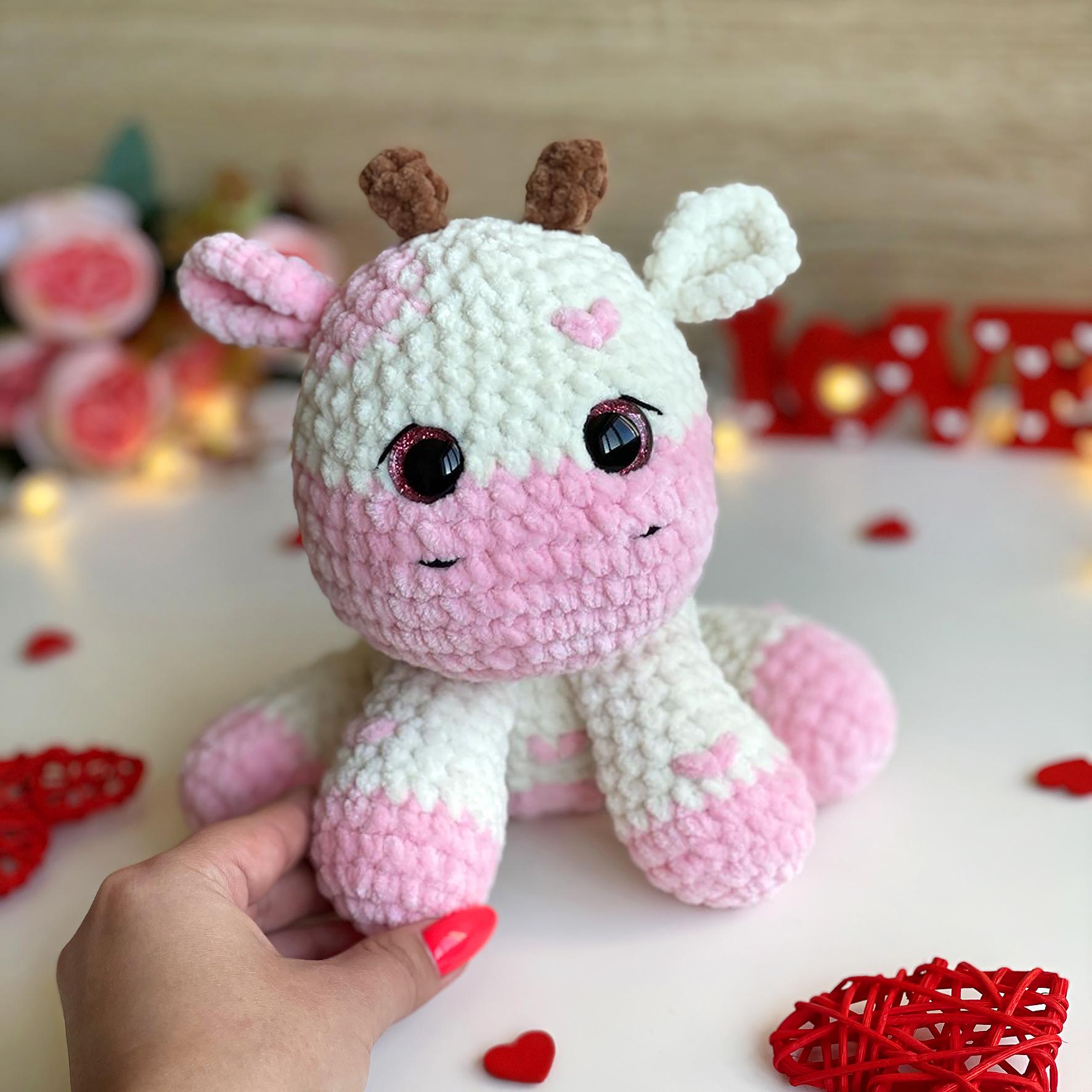 Cow CROCHET PATTERN, Strawberry Amigurumi plushie, Cute Stuffed farm Animal, Plush Pink Fluffy Moo Toy, Blanket Yarn PDF, Valentines day Cow