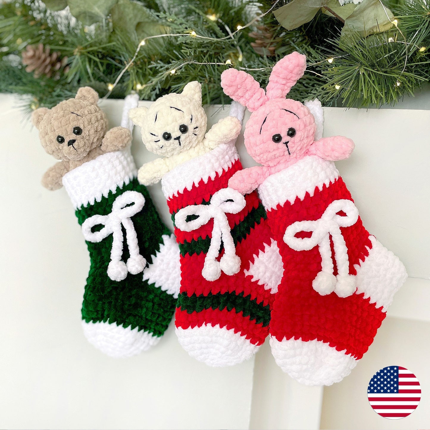Bear, Bunny, Cat in Christmas Stockings