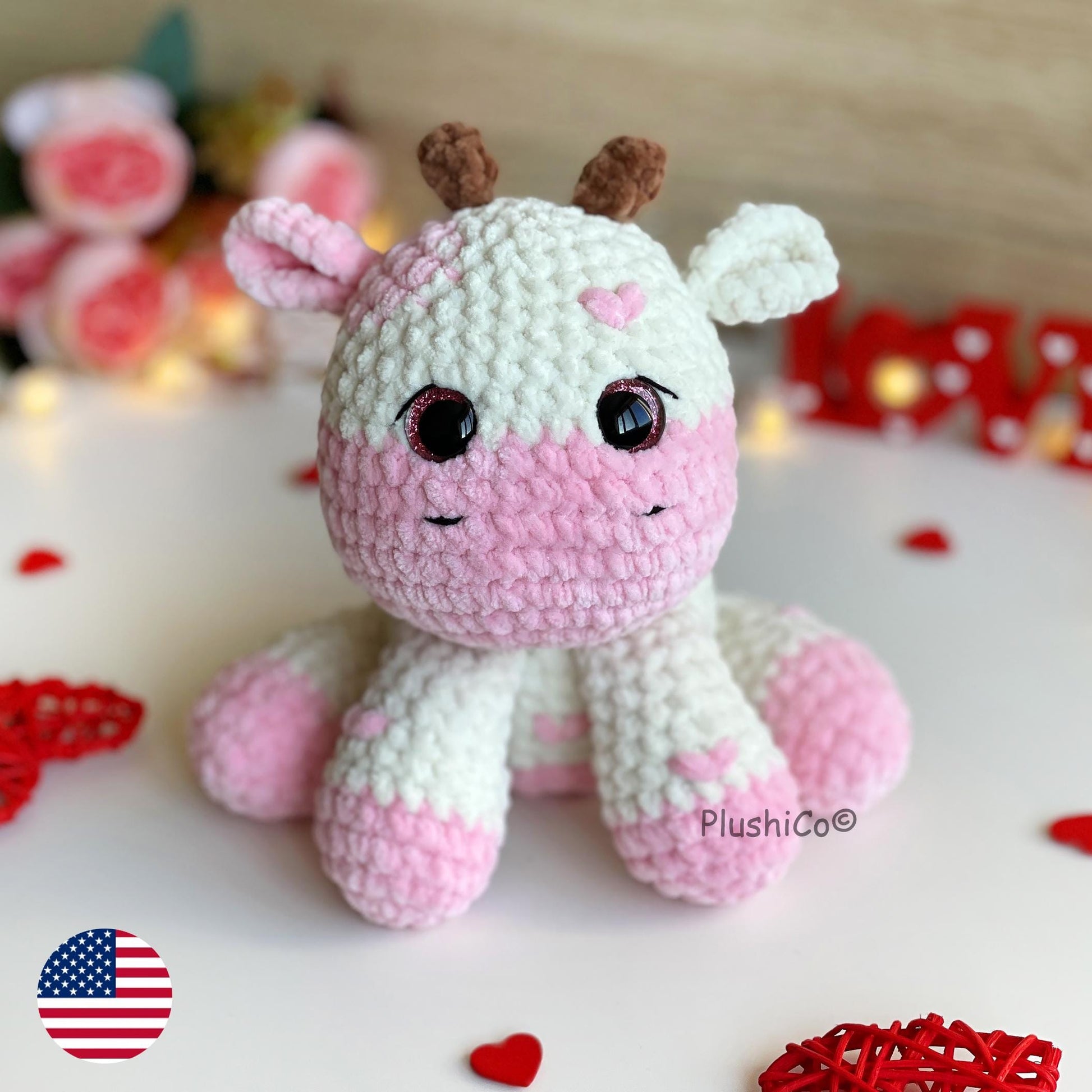 Cow CROCHET PATTERN, Strawberry Amigurumi plushie, Cute Stuffed farm Animal, Plush Pink Fluffy Moo Toy, Blanket Yarn PDF, Valentines day Cow