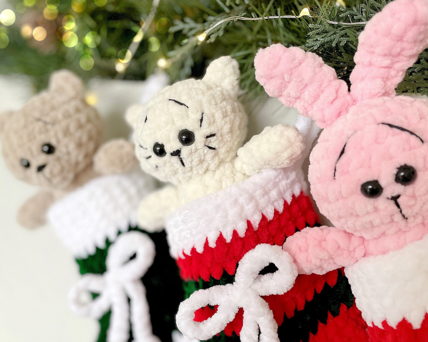 Bear, Bunny, Cat in Christmas Stockings