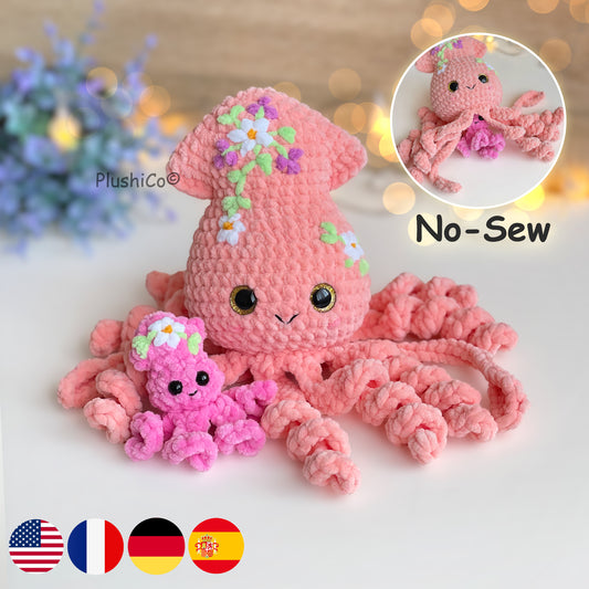 Squid Mama & Baby Crochet Pattern, Cute Plushie with Hidden Pouch, Easy No Sew Amigurumi, Mothers Day/Baby Shower Gift Idea, Beginner PDF