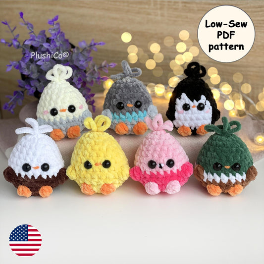Bird CROCHET PATTERN bundle, Low Sew Amigurumi Spring mini Plushies: Chicken, Mallard Duck, Flamingo, Eagle, Budgie/Parrot, Penguin, Pigeon