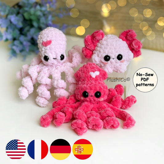 Octopus, Squid, Axolotl CROCHET PATTERNS 3-in-1 - No Sew