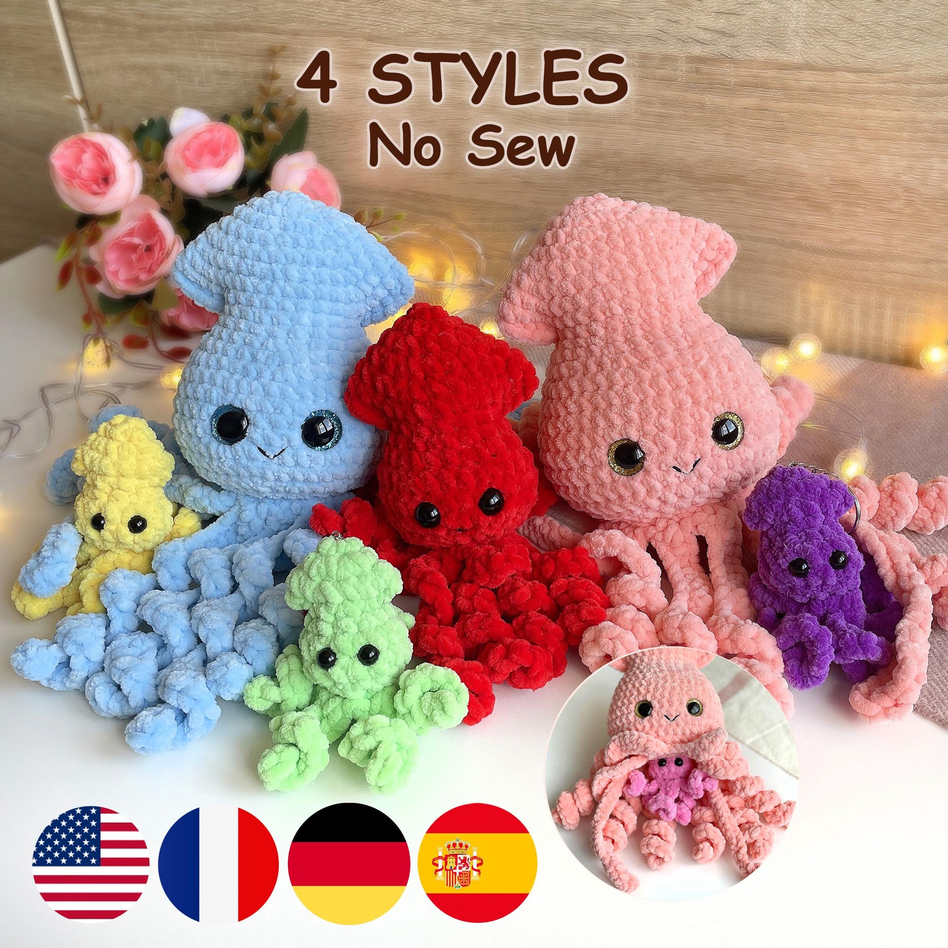 Squid CROCHET PATTERN 4 Styles: Mom, Dad, Keychain & Baby Squid, No Sew Amigurumi plushies, Cute Stuffed Animal, Easy Beginner Tutorial PDF