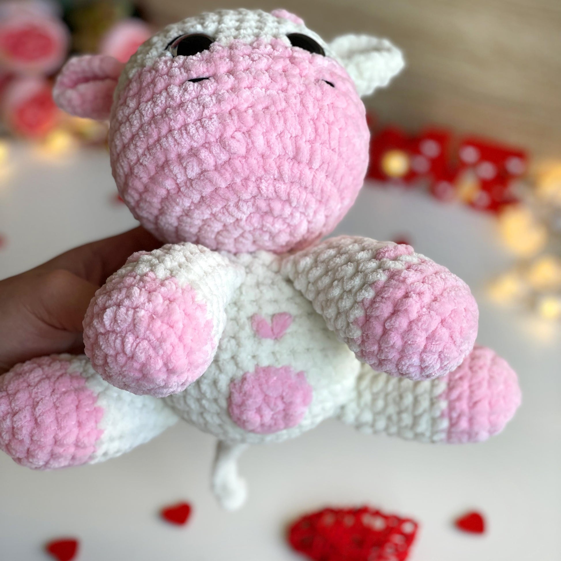Cow CROCHET PATTERN, Strawberry Amigurumi plushie, Cute Stuffed farm Animal, Plush Pink Fluffy Moo Toy, Blanket Yarn PDF, Valentines day Cow