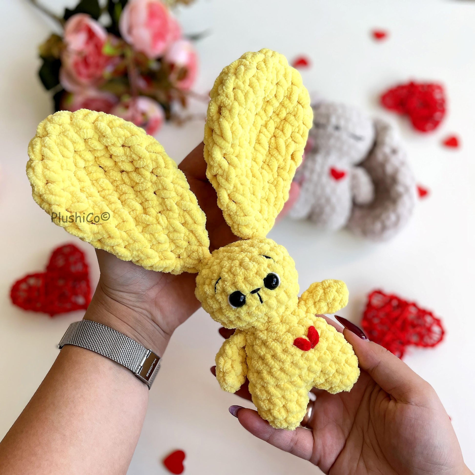 Bunny CROCHET PATTERN, Easter Rabbit, No Sew Amigurumi Plushies, Cute Toy with Floppy Huge Ears, Easy PDF Tutorial, Cuddle Rabbit with heart