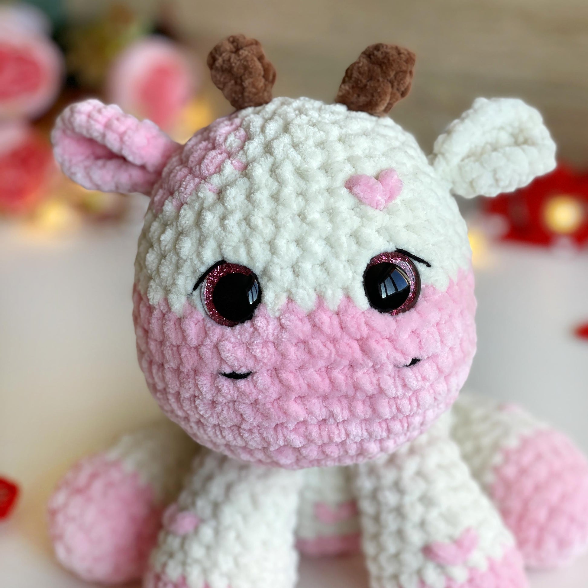Cow CROCHET PATTERN, Strawberry Amigurumi plushie, Cute Stuffed farm Animal, Plush Pink Fluffy Moo Toy, Blanket Yarn PDF, Valentines day Cow