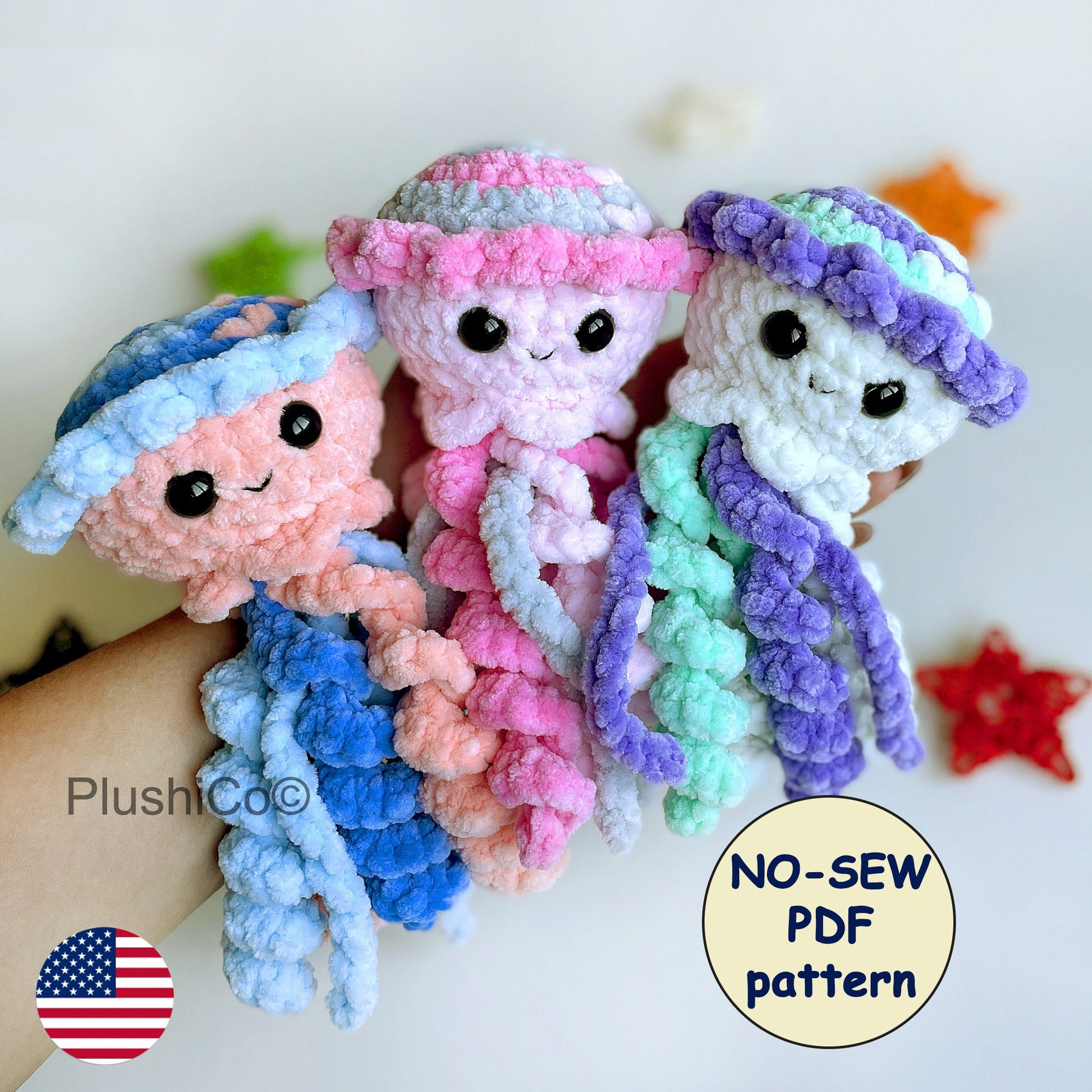 Jellyfish CROCHET PATTERN, No SEW Amigurumi Sea Creature, Snuggler Plushie, Plush Kawaii Stuffed Lovey Toy, Easy Pdf Tutorial for Beginners