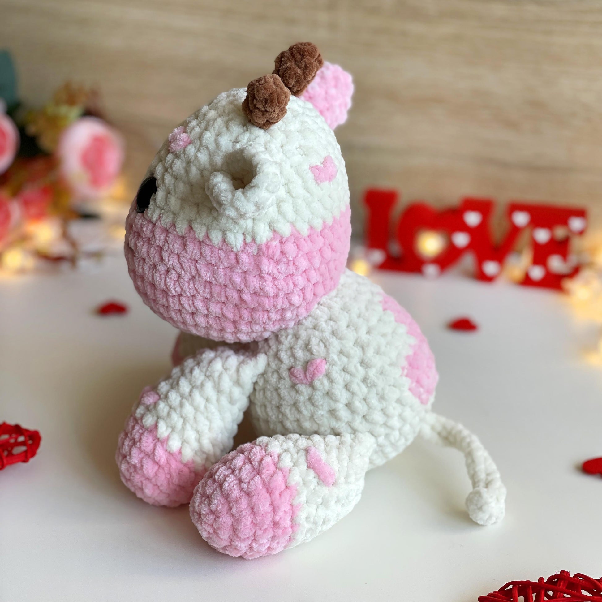 Cow CROCHET PATTERN, Strawberry Amigurumi plushie, Cute Stuffed farm Animal, Plush Pink Fluffy Moo Toy, Blanket Yarn PDF, Valentines day Cow