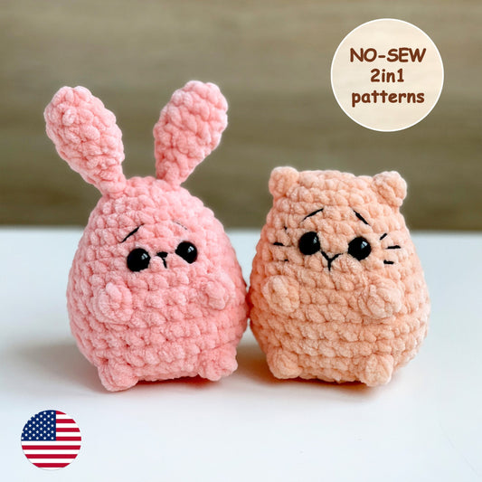 Bunny & Cat CROCHET PATTERN Bundle, No Sew Tiny Amigurumi Kitty Rabbit plushies, Cute Animals, Easy PDF Beginner Tutorial, Easter Baby Toys