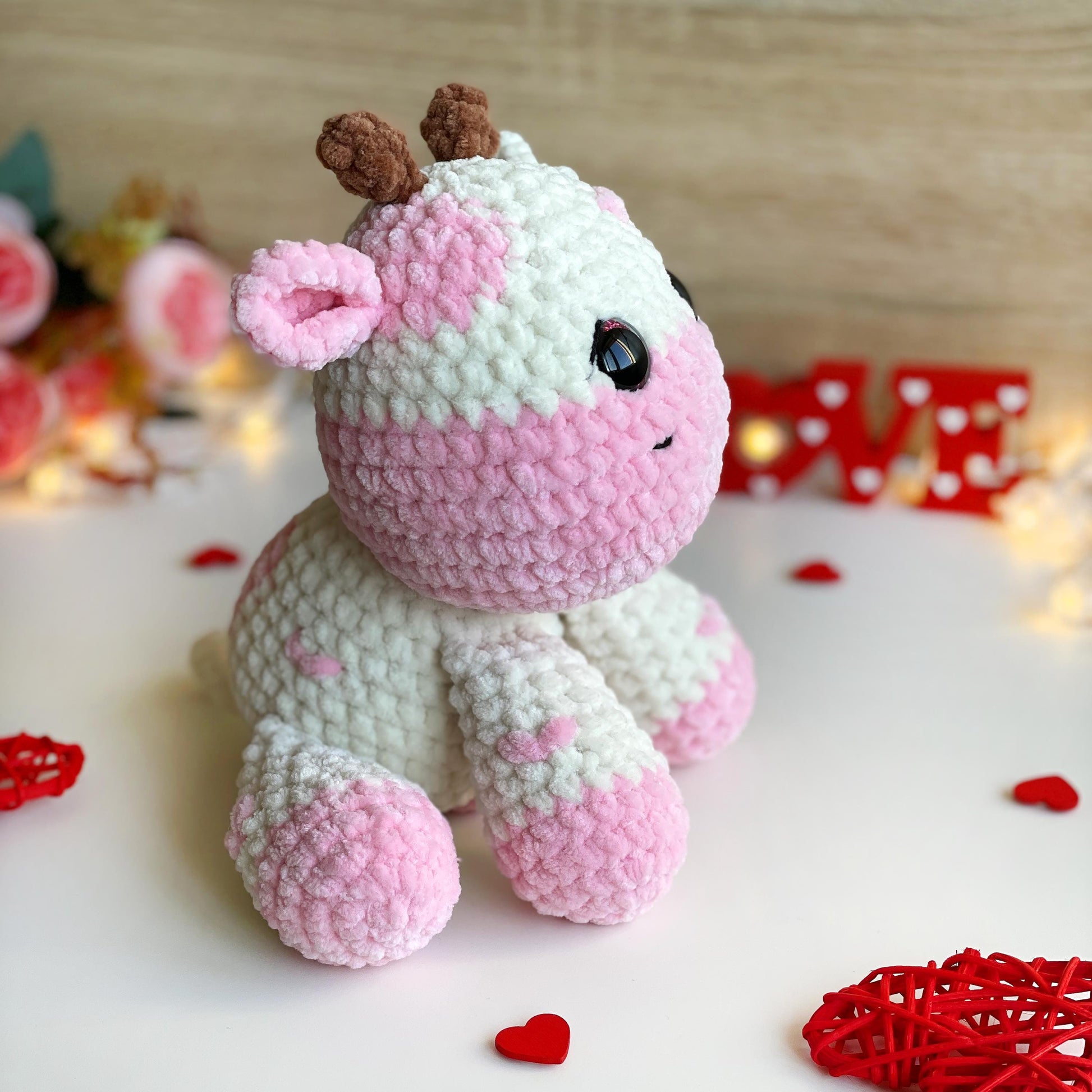 Cow CROCHET PATTERN, Strawberry Amigurumi plushie, Cute Stuffed farm Animal, Plush Pink Fluffy Moo Toy, Blanket Yarn PDF, Valentines day Cow