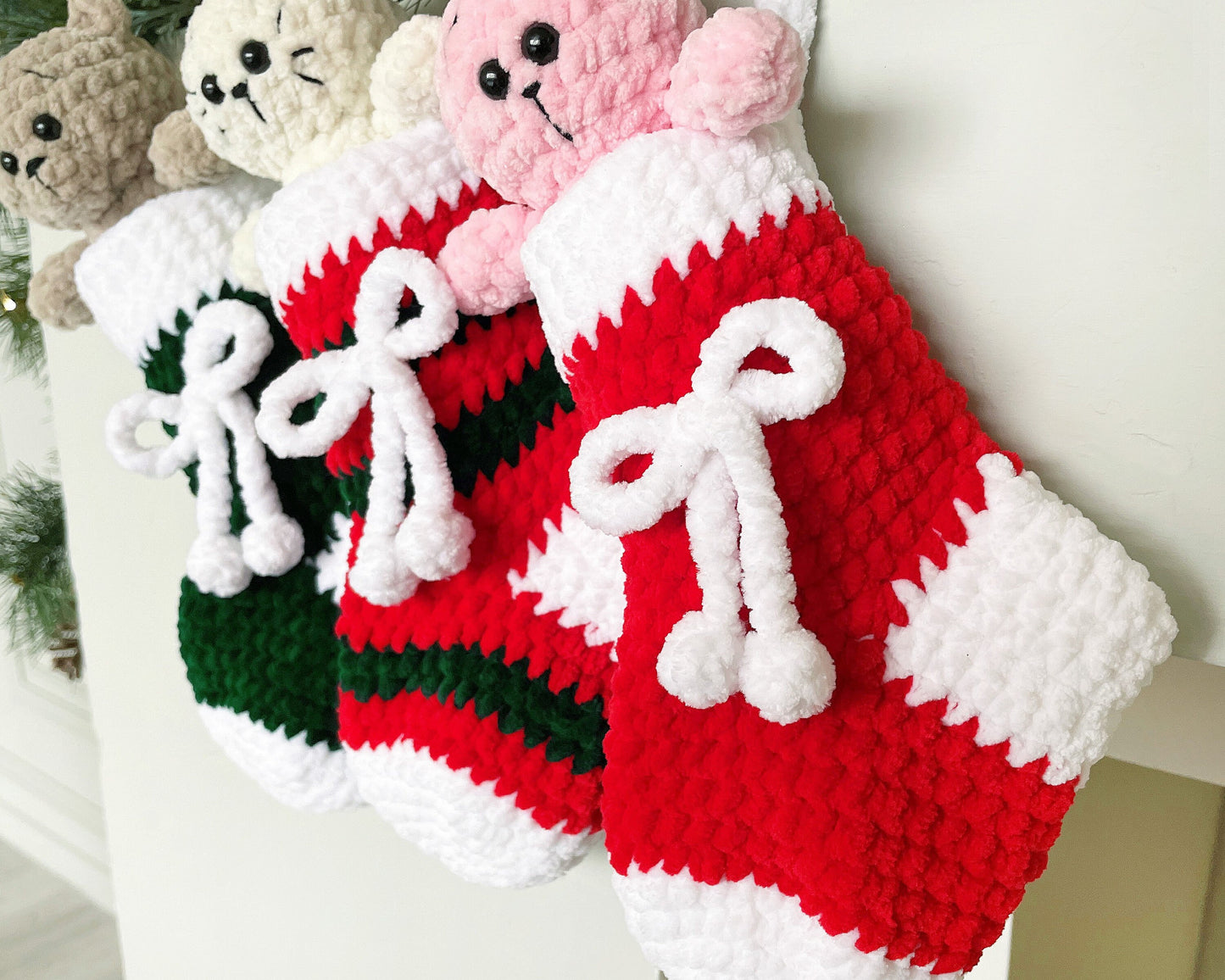 Bear, Bunny, Cat in Christmas Stockings