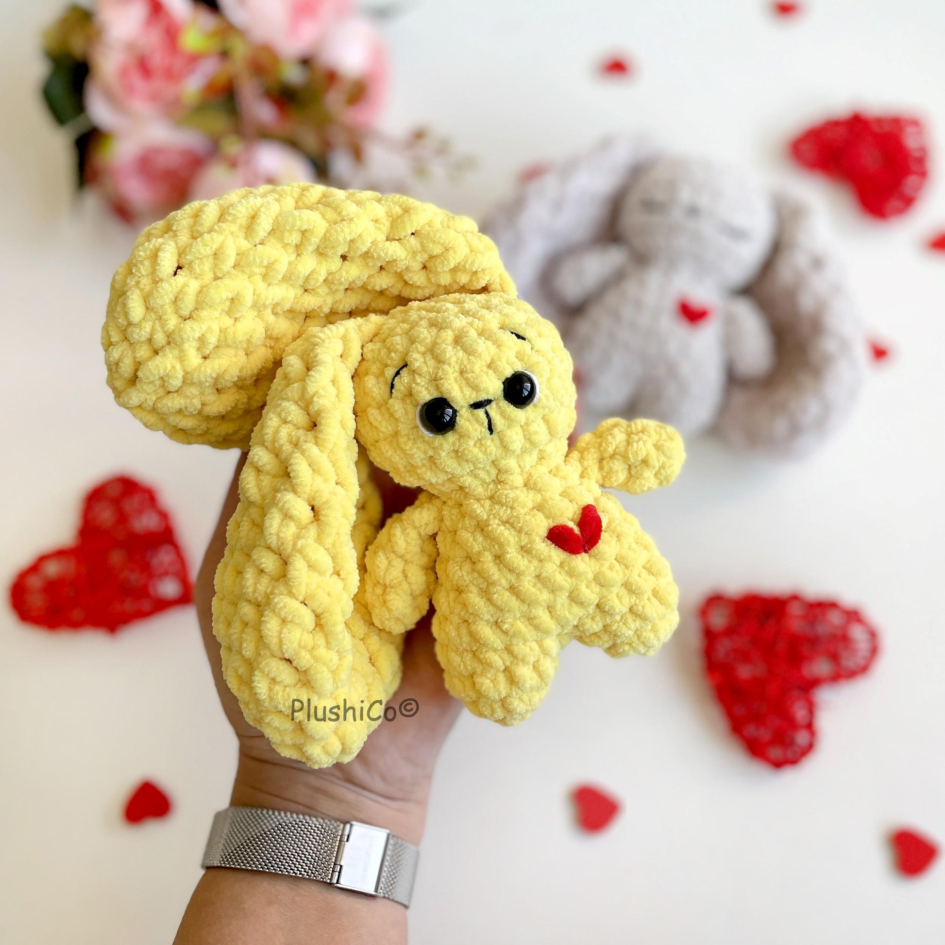 Bunny CROCHET PATTERN, Easter Rabbit, No Sew Amigurumi Plushies, Cute Toy with Floppy Huge Ears, Easy PDF Tutorial, Cuddle Rabbit with heart