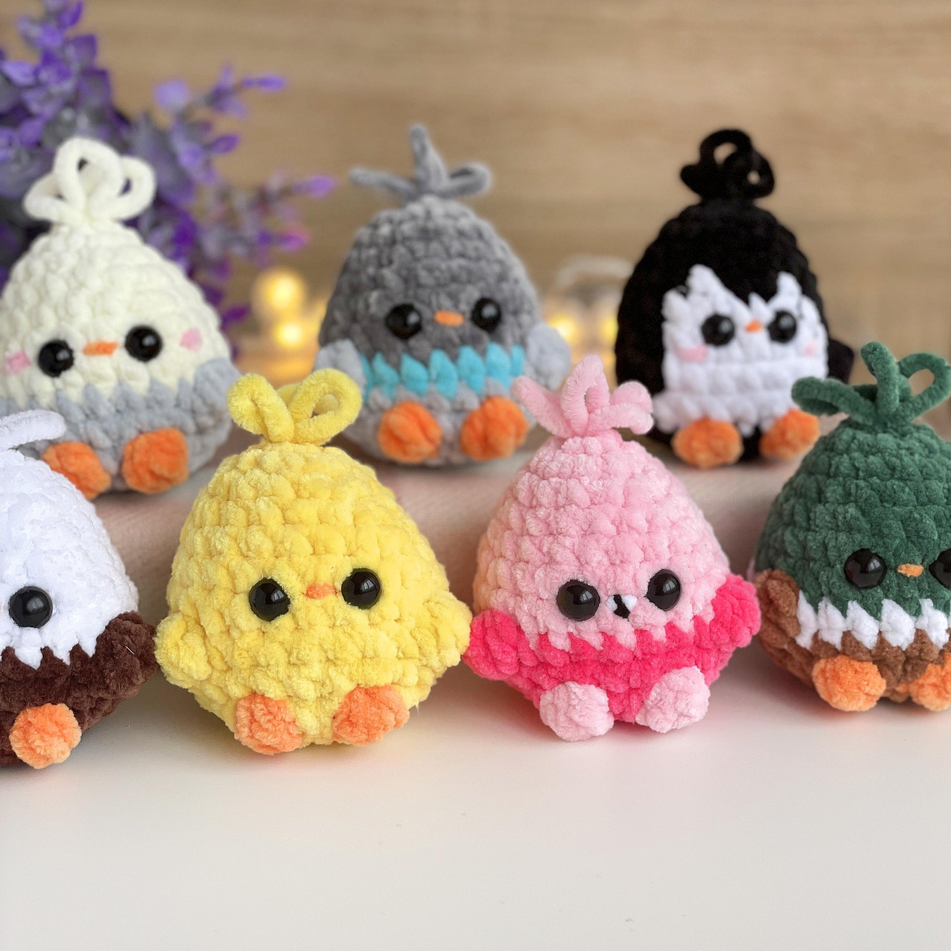 Bird CROCHET PATTERN bundle, Low Sew Amigurumi Spring mini Plushies: Chicken, Mallard Duck, Flamingo, Eagle, Budgie/Parrot, Penguin, Pigeon