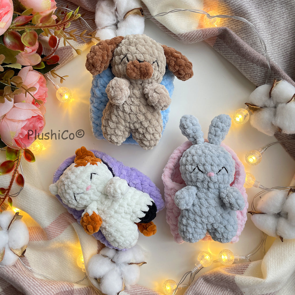 Amigurumi CROCHET PATTERN Set: No Sew Sleeping Cat, Bunny, Dog Mini Snuggler, Hatching  Plushies