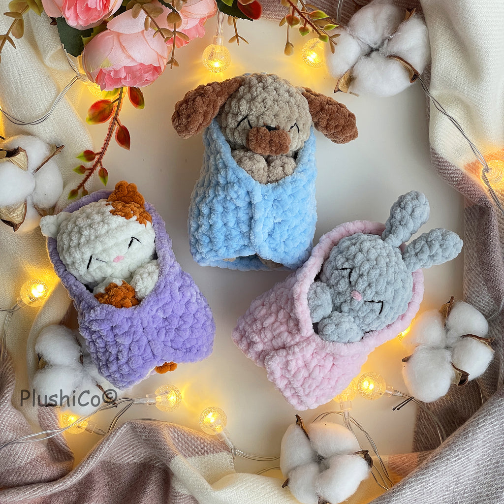 Amigurumi CROCHET PATTERN Set: No Sew Sleeping Cat, Bunny, Dog Mini Snuggler, Hatching  Plushies
