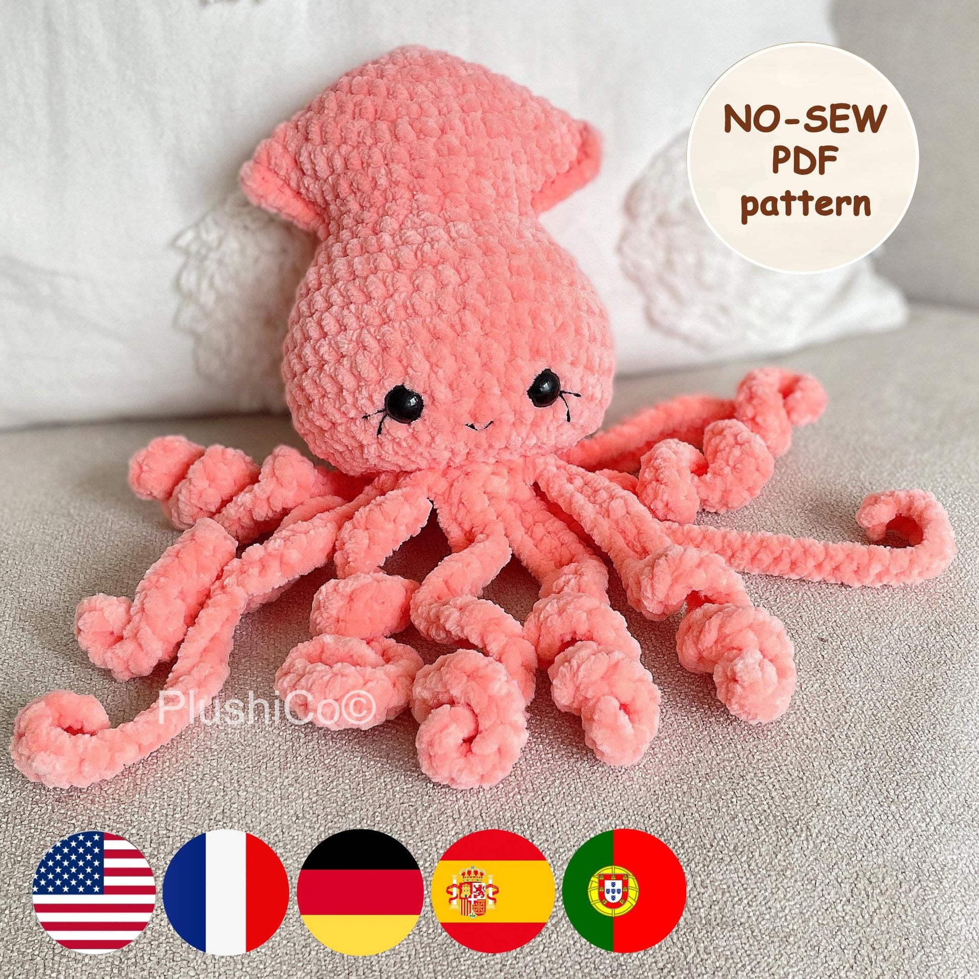 Squid CROCHET PATTERN, No SEW Amigurumi Octopus, plush Kawaii Animals, Plushie Baby Toy, Easy Pdf Tutorial for Beginners