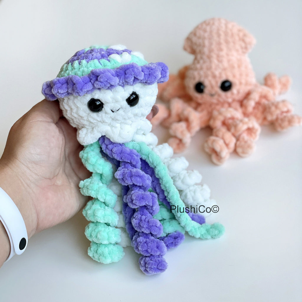 Baby Squid & Jellyfish No Sew CROCHET PATTERNS, Amigurumi Octopus plushie, Kawaii Crochet Animal Plush Toys, Easy Beginner PDF Tutorial