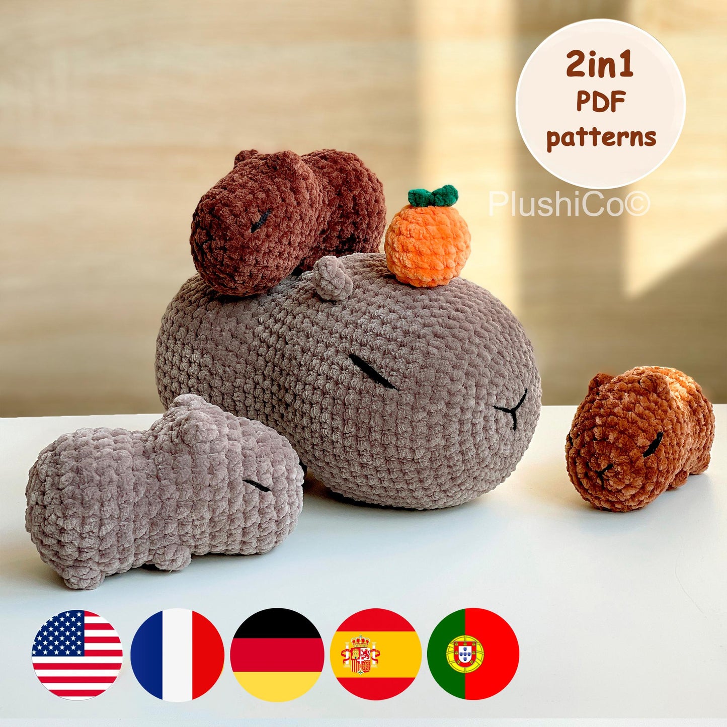 Capybara Crochet Pattern, 2 sizes - LOW/NO SEW