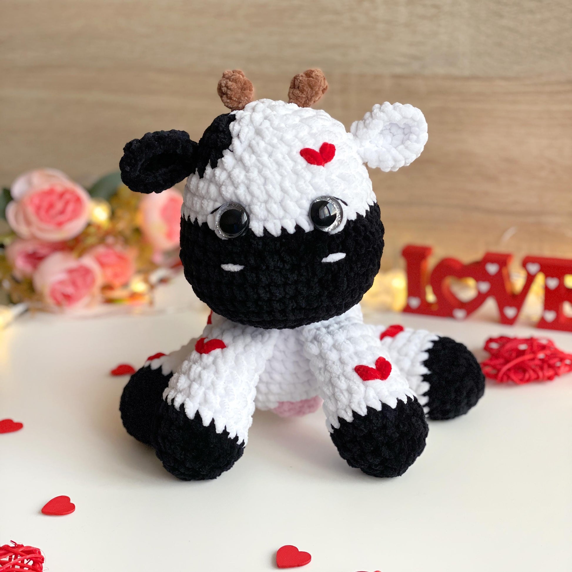 Cow CROCHET PATTERN, Strawberry Amigurumi plushie, Cute Stuffed farm Animal, Plush Pink Fluffy Moo Toy, Blanket Yarn PDF, Valentines day Cow