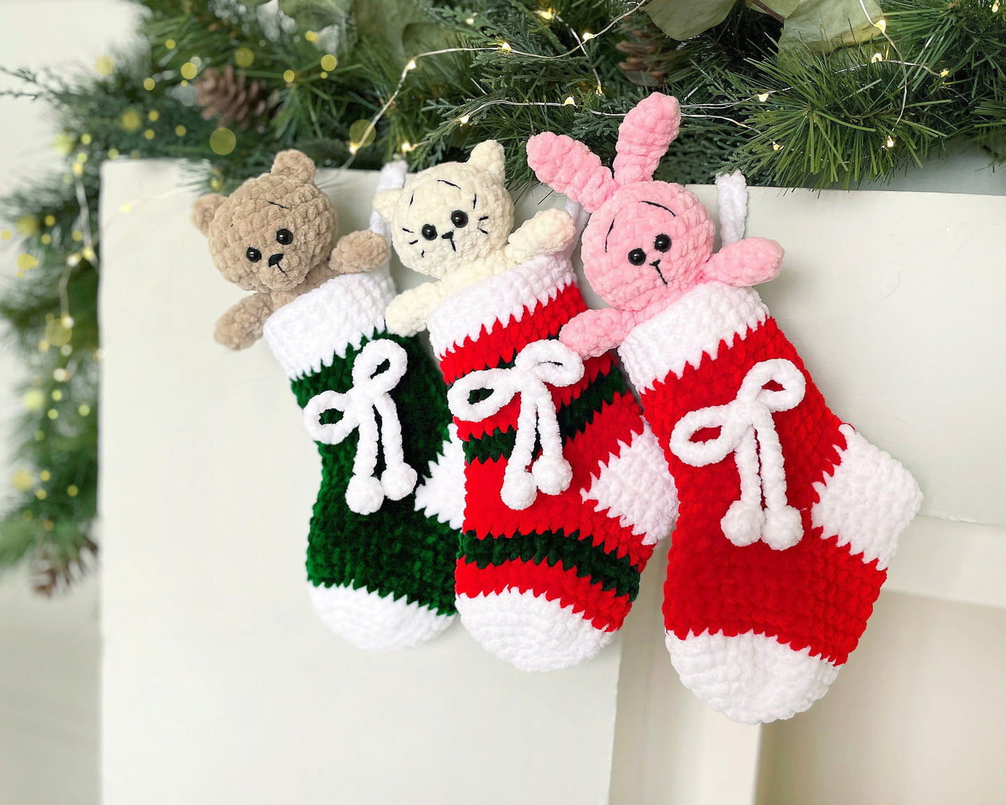 Bear, Bunny, Cat in Christmas Stockings