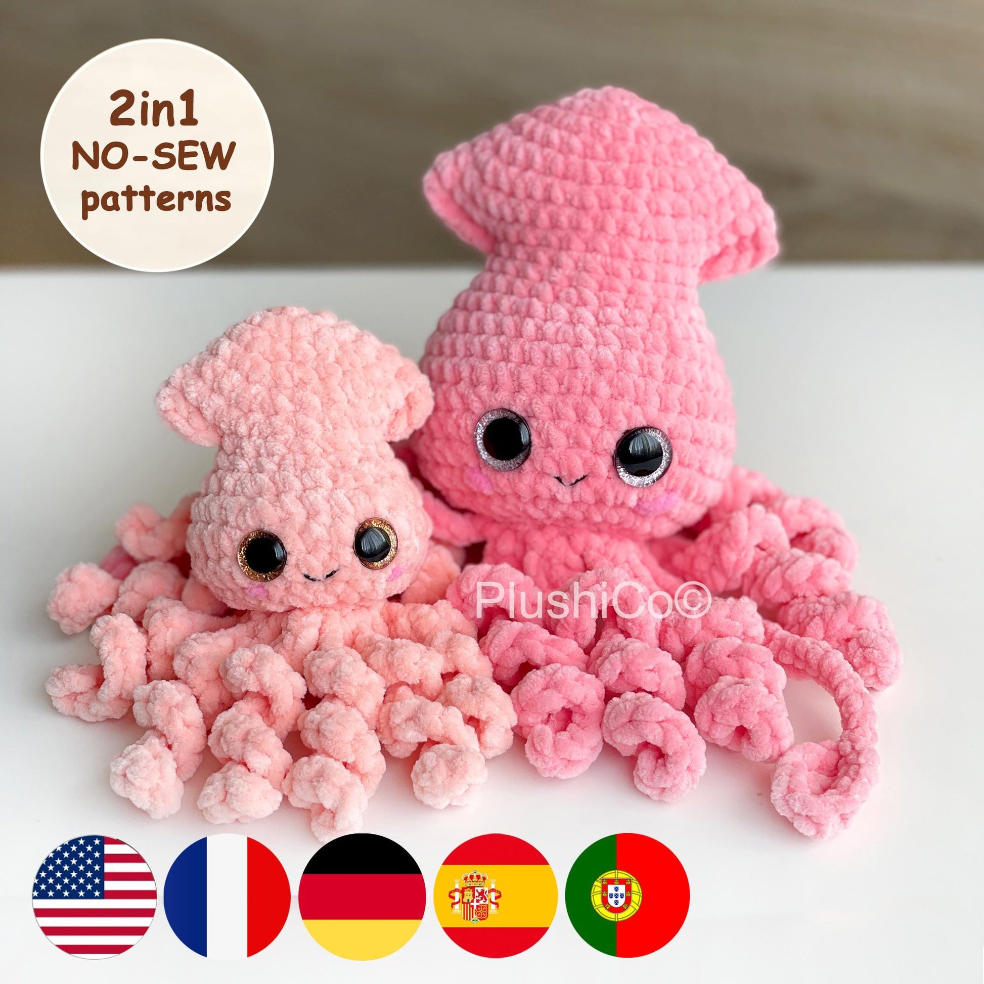 Squid CROCHET PATTERN, Amigurumi 2in1 No Sew PDF, Octopus plush Kawaii Stuffed Animal, Plushie Baby Toy, Easy Crochet Tutorial for Beginners