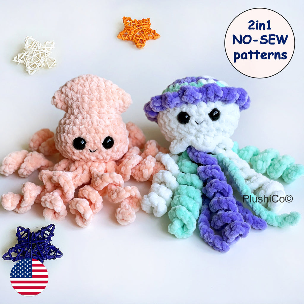 Baby Squid & Jellyfish No Sew CROCHET PATTERNS, Amigurumi Octopus plushie, Kawaii Crochet Animal Plush Toys, Easy Beginner PDF Tutorial