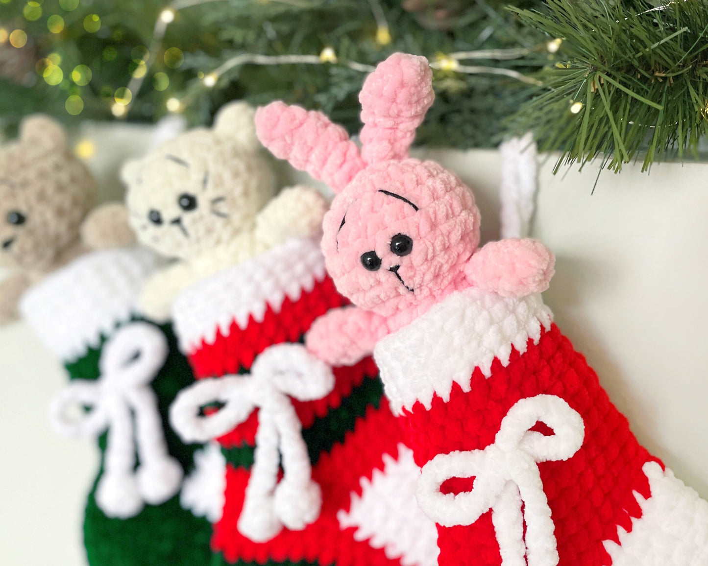 Bear, Bunny, Cat in Christmas Stockings